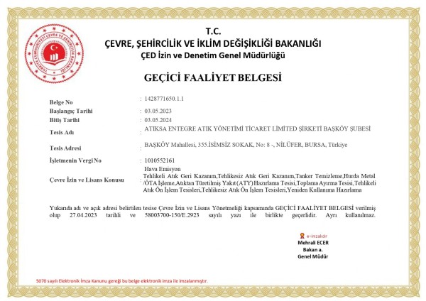 Atıktan Türetilmiş Yakıt (ATY) Geçici Faaliyet Belgesi