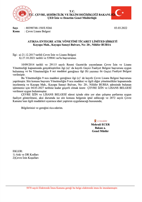 Ara Depolama Çevre İzni  ve Lisans Belgesi